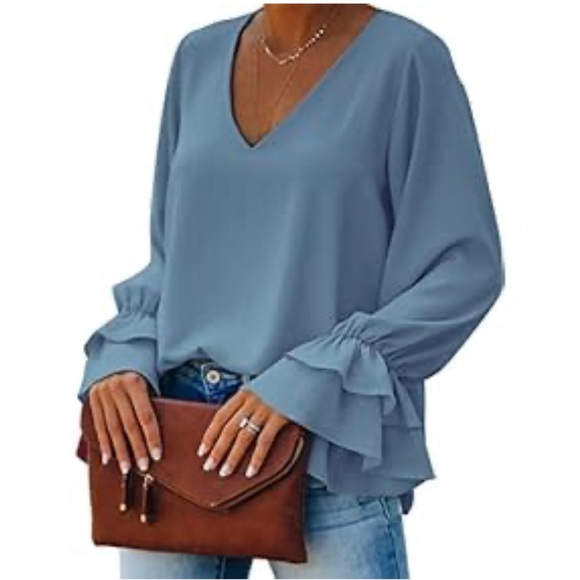 Blue Long-sleeved Ruffle V-neck Blouse - Picture 2 of 6